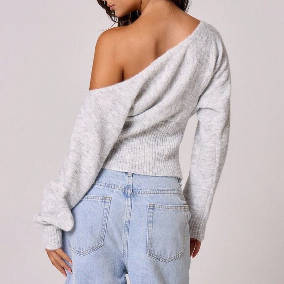 Grey Casual Women's Knit Asymmetrical Shoulder Cinched Waist Sweater Top - Picture 4 of 5